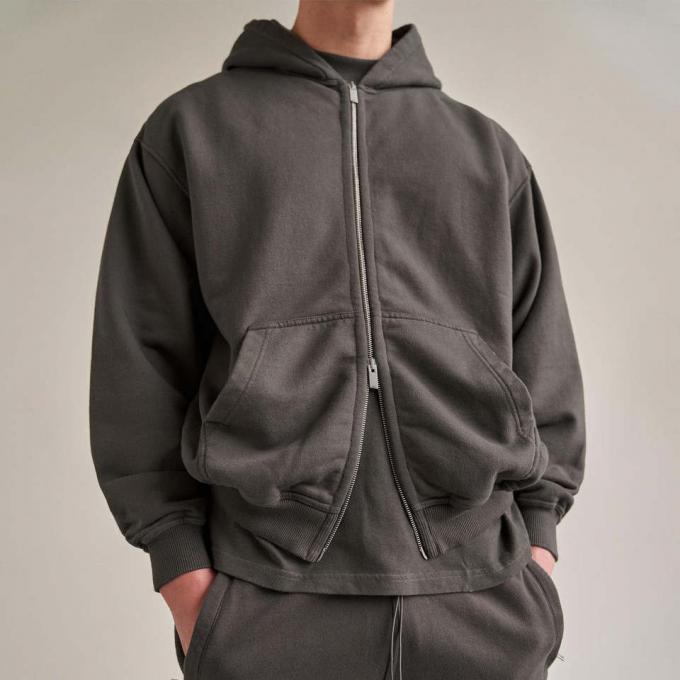 Warna Murni Custom Logo Baju Olahraga Pakai Pria Fleece Zip Up Hoodie Jaket 1